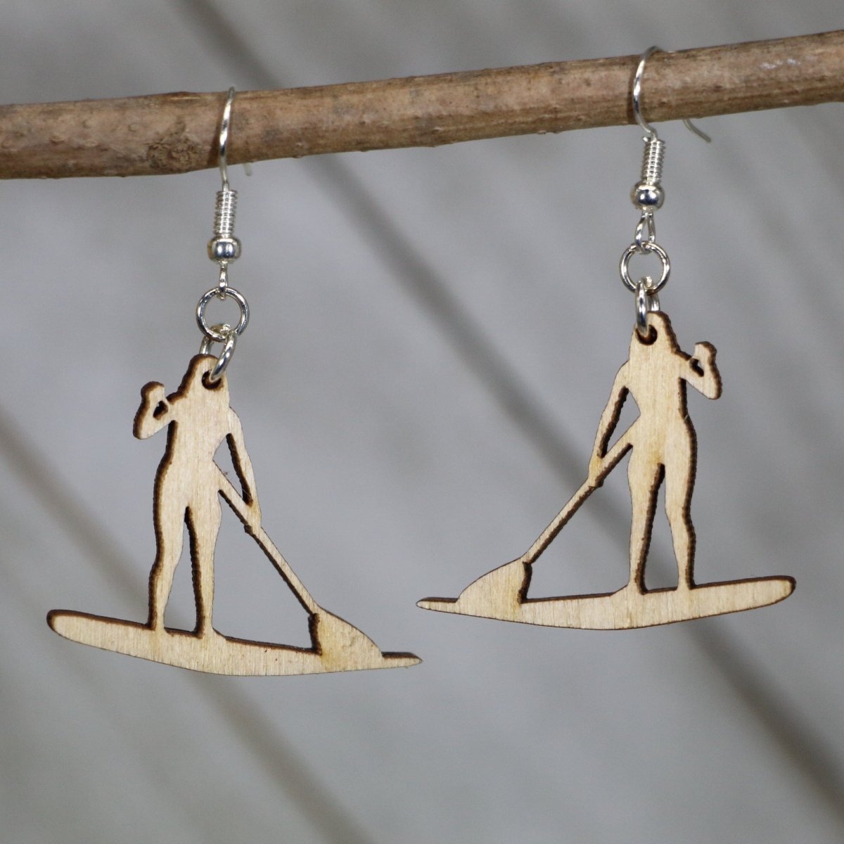 Paddle Boarder Wooden Dangle Earrings | Water Sports Jewelry by Cate's Concepts, LLC, handmade jewelry main product photo