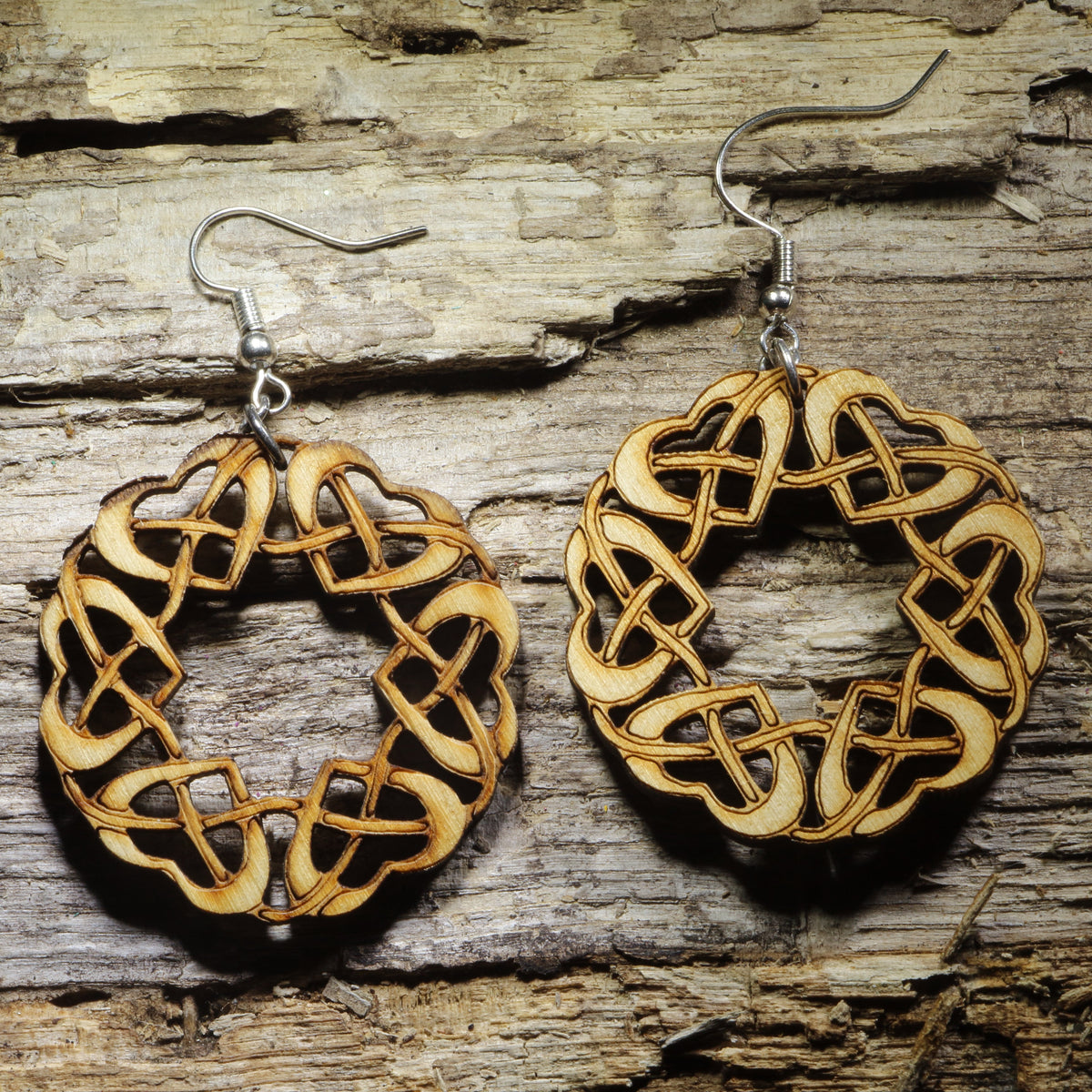 Celtic Heart Wooden Dangle Earrings | Knot Circle Jewelry