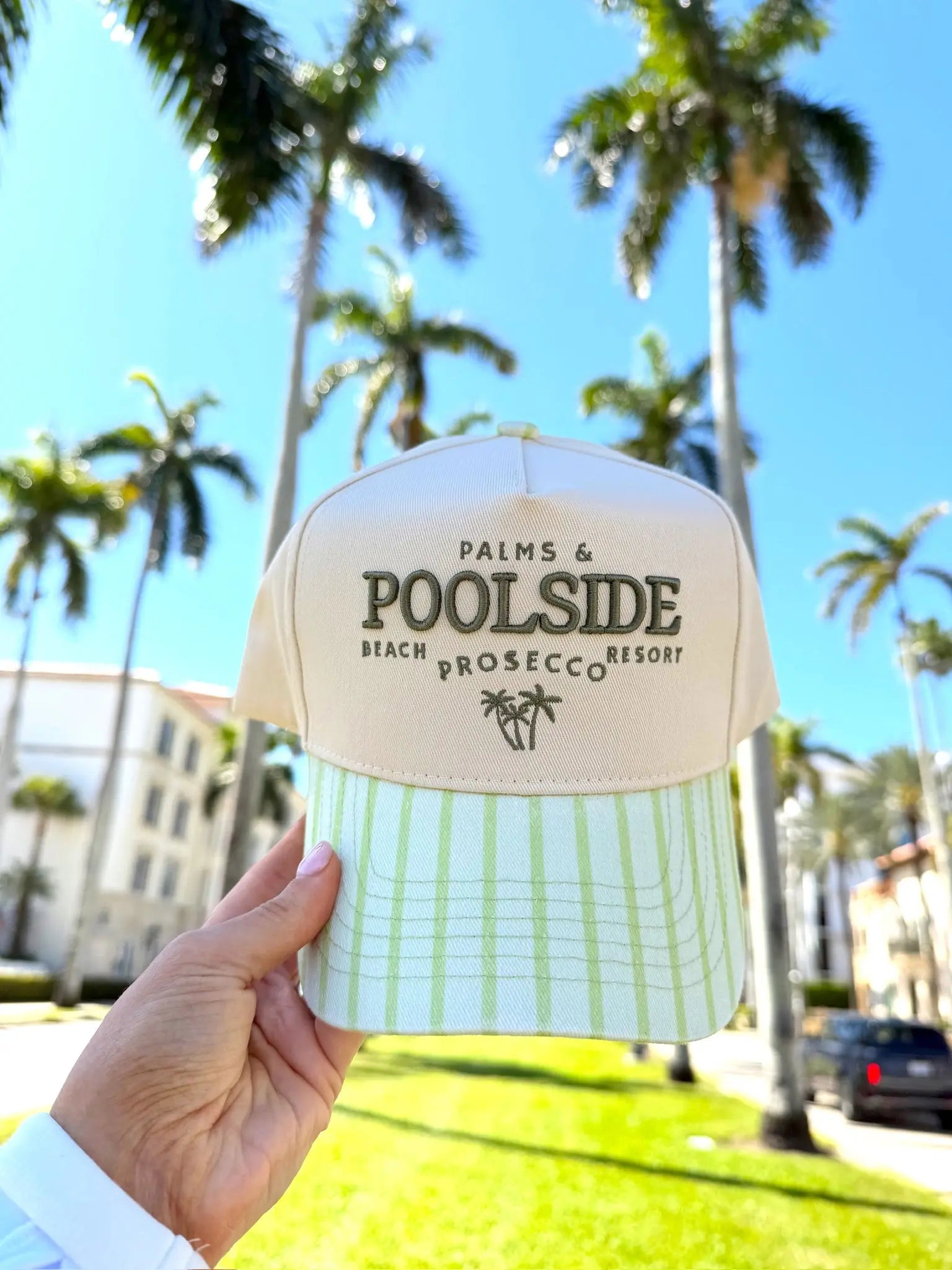 Palms & Poolside - Green Stripe Trucker Hat - PREORDER KenzKustomz