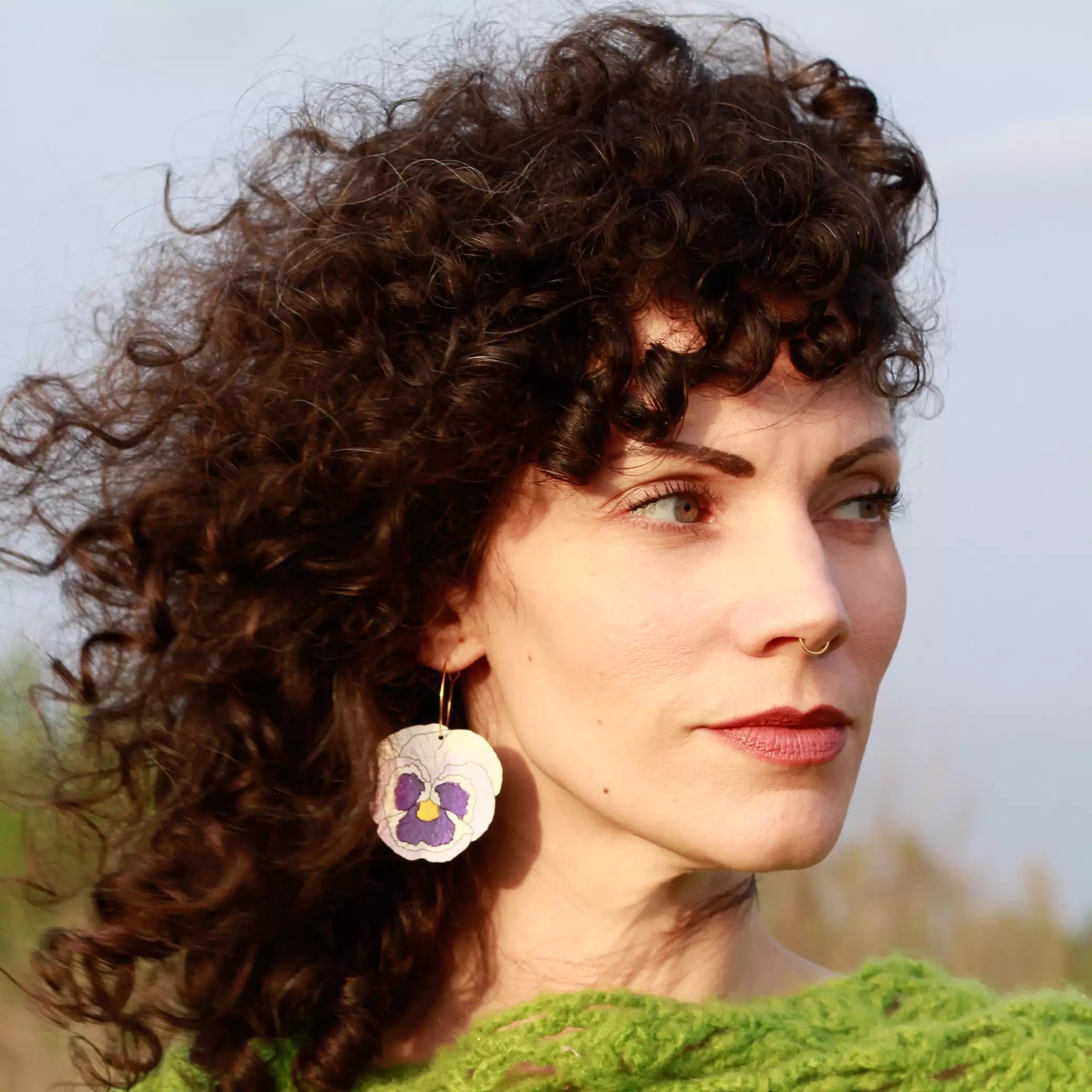 Additional view of Pansy Hoop Earrings hand painted on lightweight wood by LE CHIC MIAMI