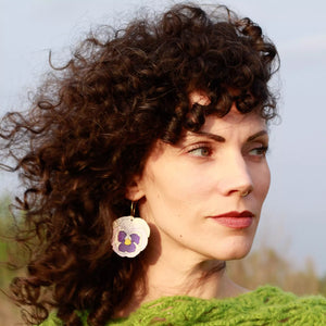 Additional view of Pansy Hoop Earrings hand painted on lightweight wood by LE CHIC MIAMI