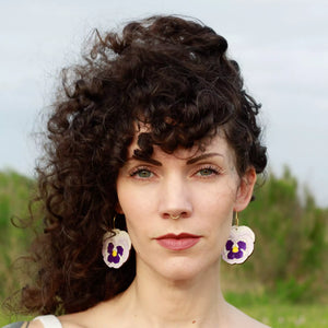 Additional view of Pansy Hoop Earrings hand painted on lightweight wood by LE CHIC MIAMI