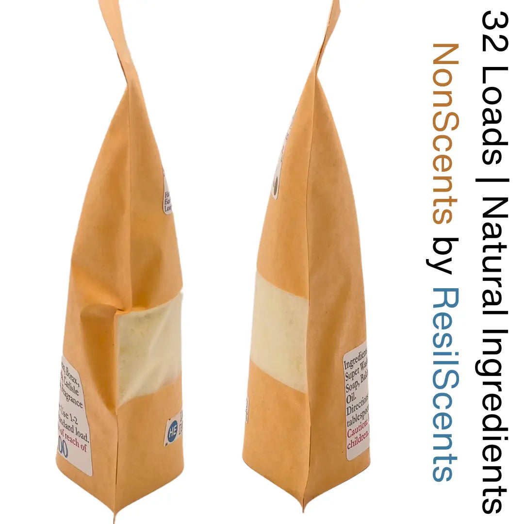 Two brown paper bags of ResilScents NonScents laundry detergent with visible powder, labels, and minimal text displayed in a split view.