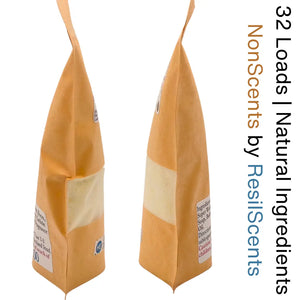 Two brown paper bags of ResilScents NonScents laundry detergent with visible powder, labels, and minimal text displayed in a split view.
