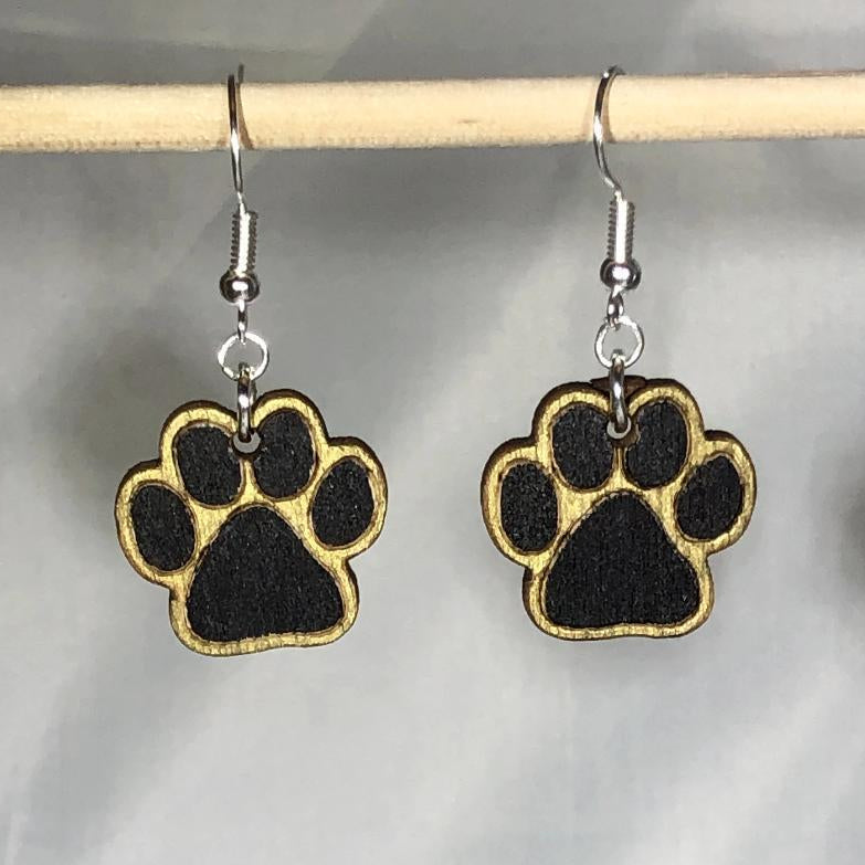 Paw Print Wooden Dangle Earrings | Black Gold Animal Jewelry