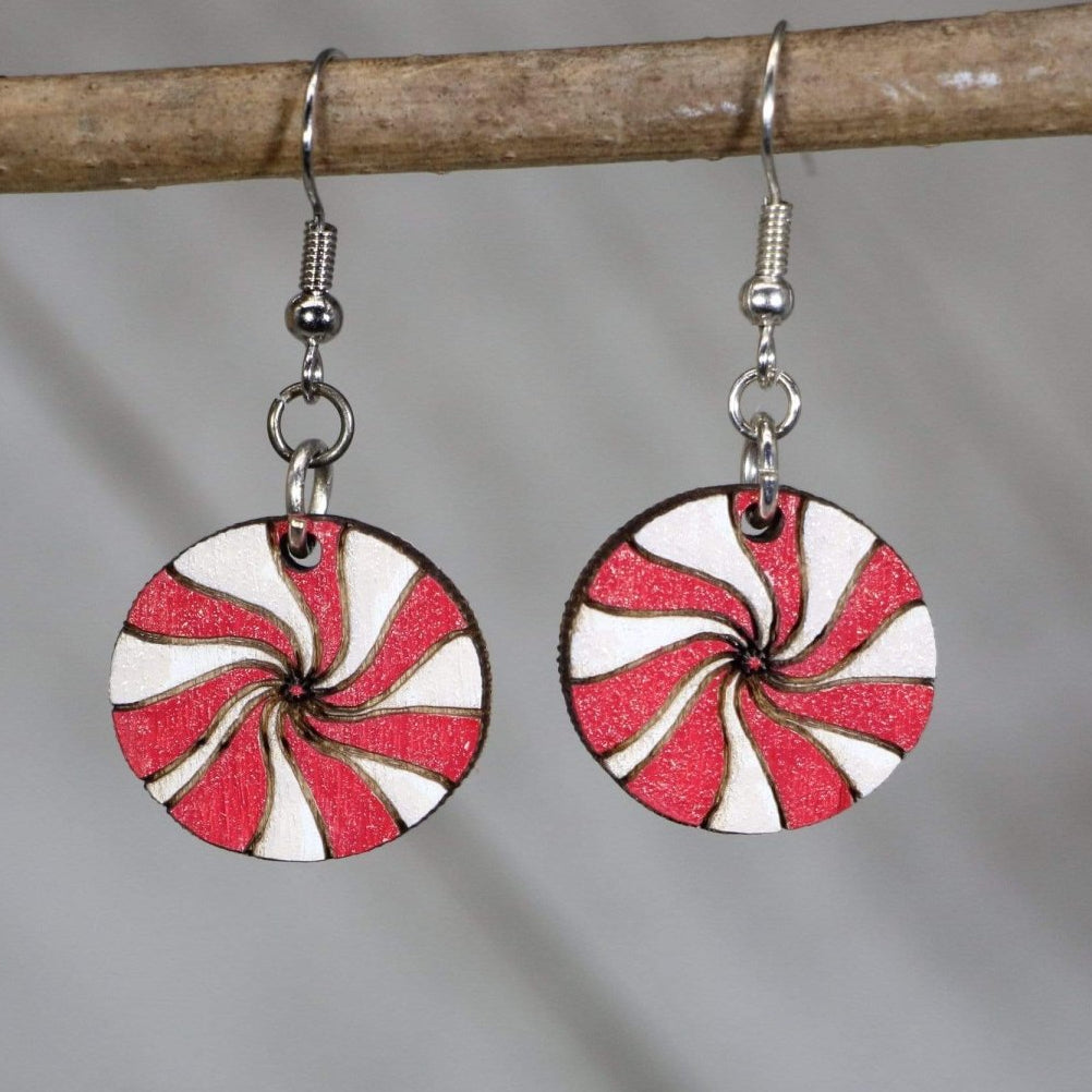 Peppermint Candy Wooden Dangle Earrings | Christmas Holiday Jewelry by Cate's Concepts, LLC, Southern food gift main product photo