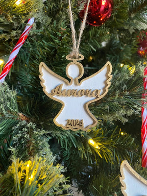 Personalized Angel Christmas Ornament - Wood Angel Keepsake, Aurora, 2024 - Custom Holiday Decor
