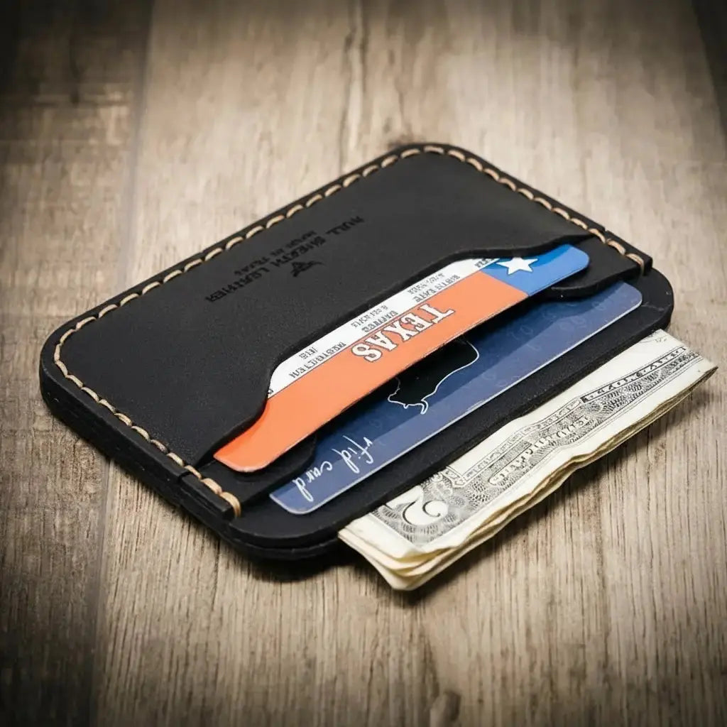 Black leather minimalist card wallet with Texas ID and cash.