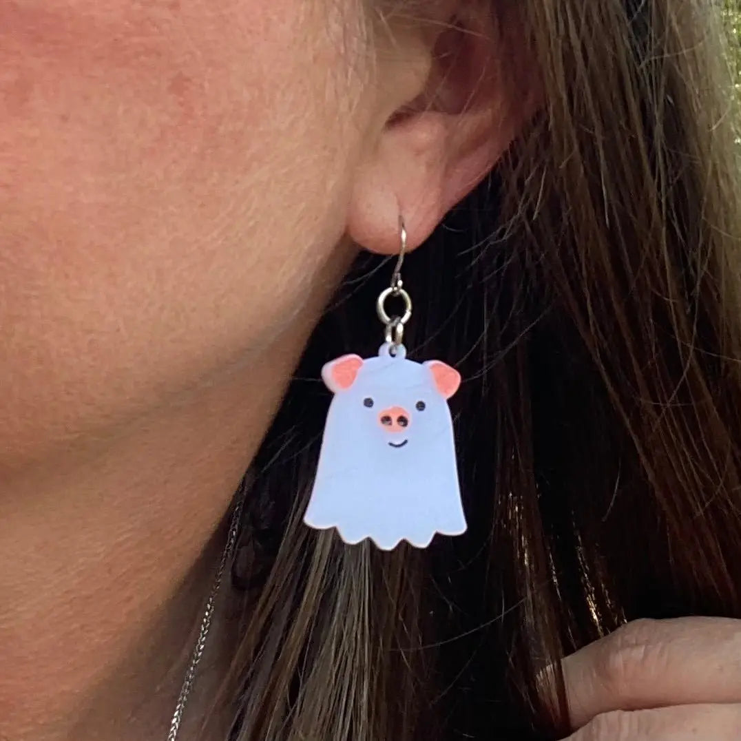 Pig Ghost Acrylic Halloween Earrings by Poor Hog Customs, handmade jewelry detail photo 3