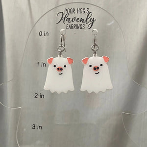 Pig Ghost Acrylic Halloween Earrings by Poor Hog Customs, handmade jewelry detail photo 4