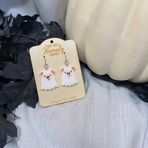Pig Ghost Acrylic Halloween Earrings by Poor Hog Customs, handmade jewelry detail photo 5