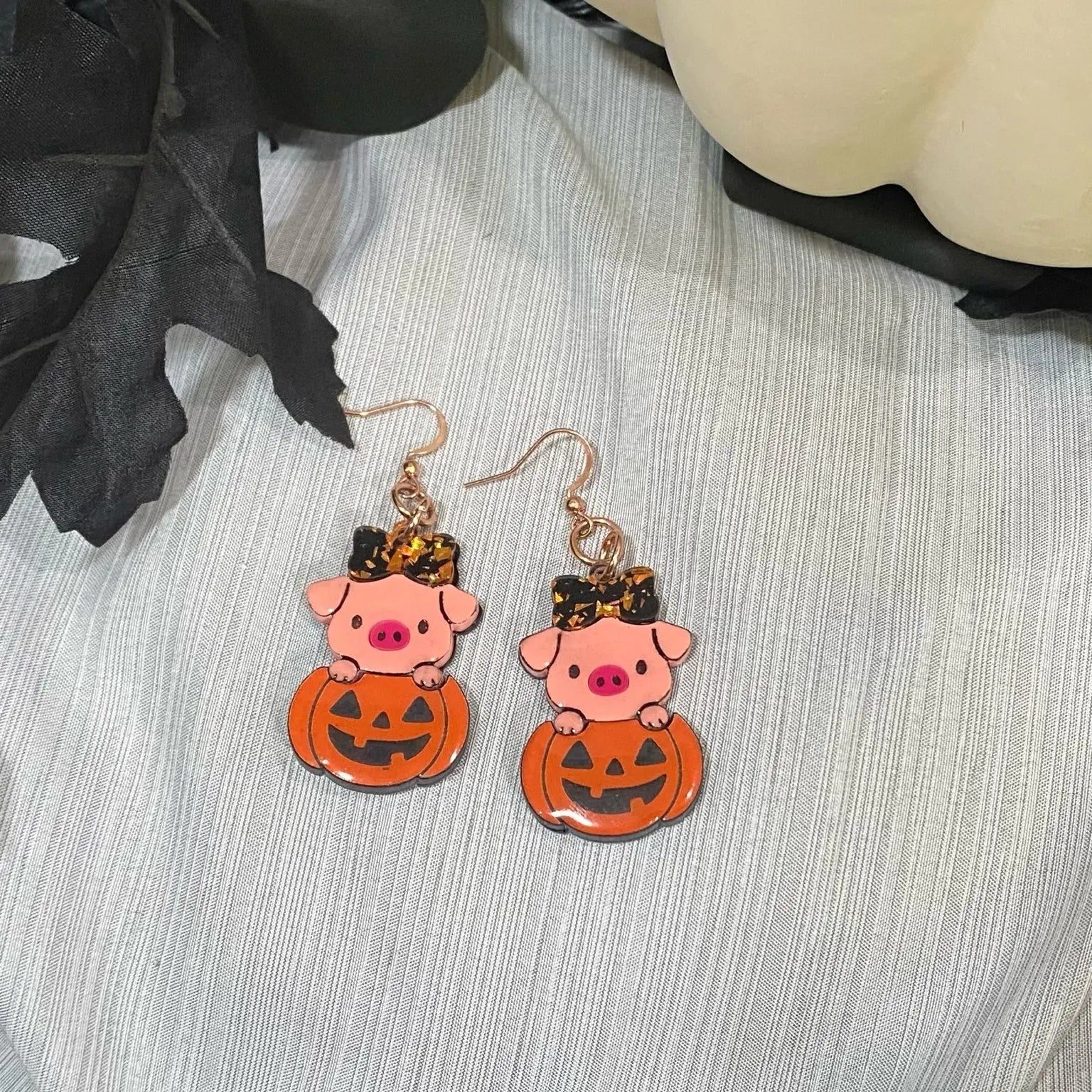 Piggy in a Pumpkin Earrings: Cute Halloween Pig Earrings, Jack-o-Lantern Jewelry, Funny Fall Earrings