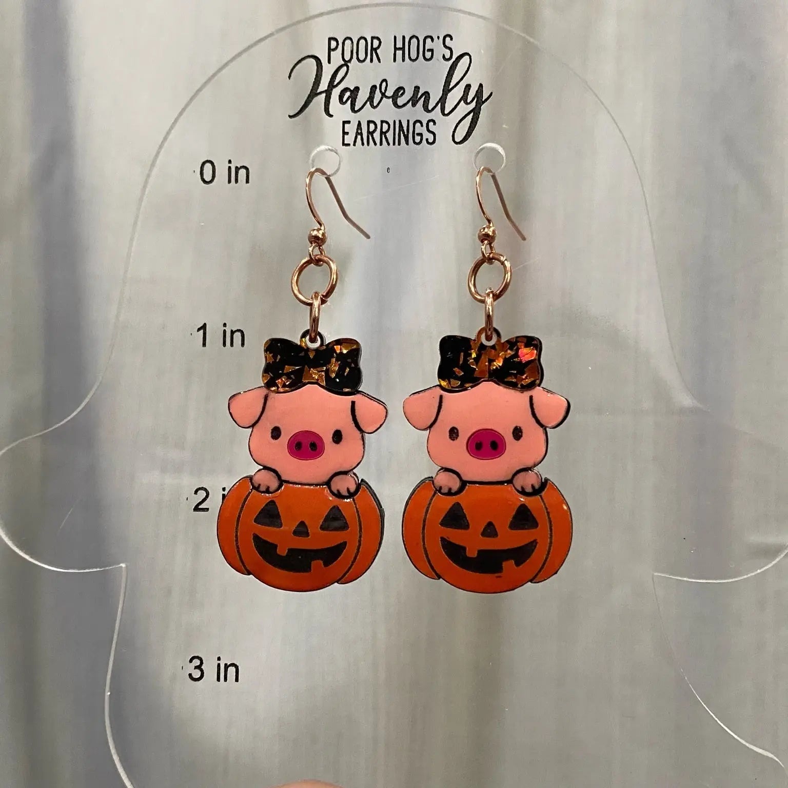 Piggy in a Pumpkin Halloween Earrings by Poor Hog Customs, handmade jewelry detail photo 4