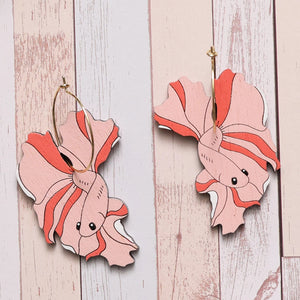 Betta Fish Hoop Earrings, Pink hand painted on lightweight wood by LE CHIC MIAMI