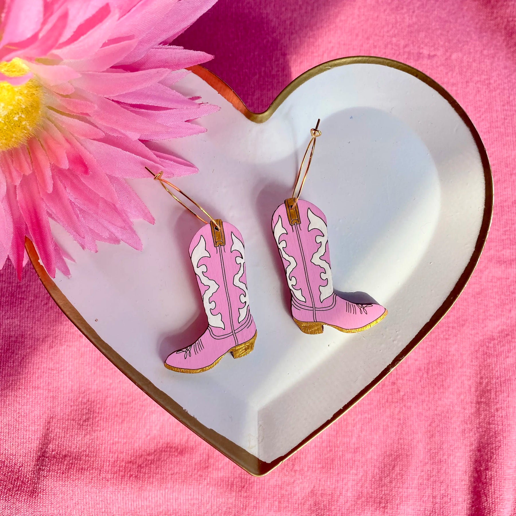 Additional view of Pink Cowgirl Boot Hoop Earrings hand painted on lightweight wood by LE CHIC MIAMI