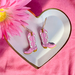 Additional view of Pink Cowgirl Boot Hoop Earrings hand painted on lightweight wood by LE CHIC MIAMI