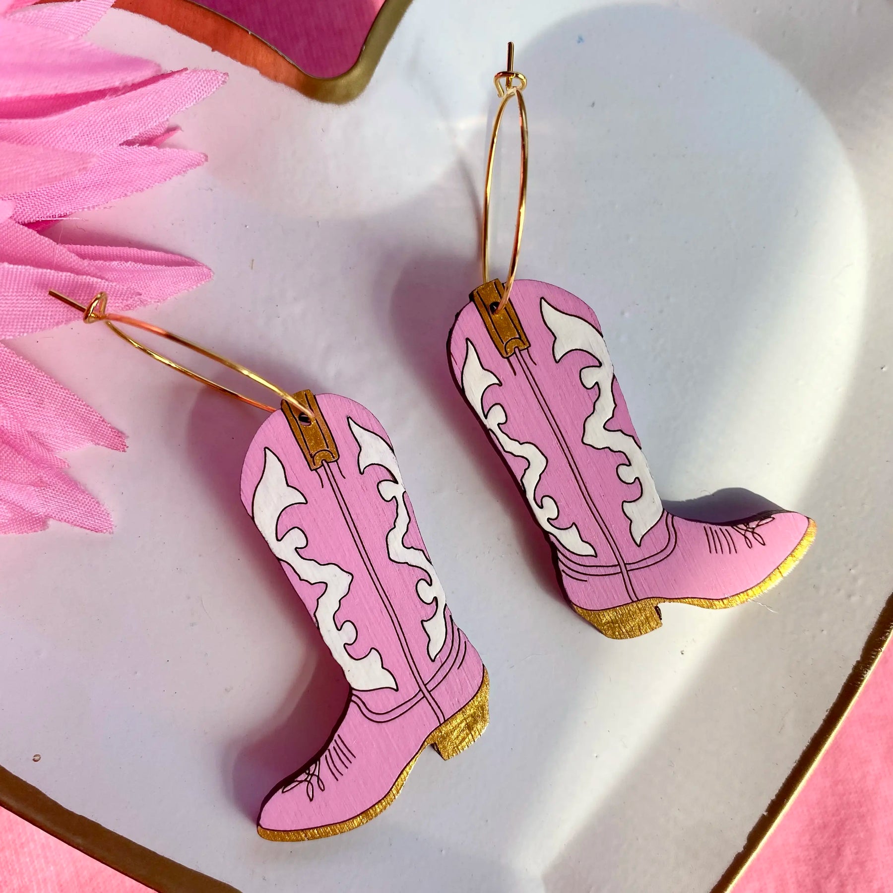 Pink Cowgirl Boot Hoop Earrings hand painted on lightweight wood by LE CHIC MIAMI