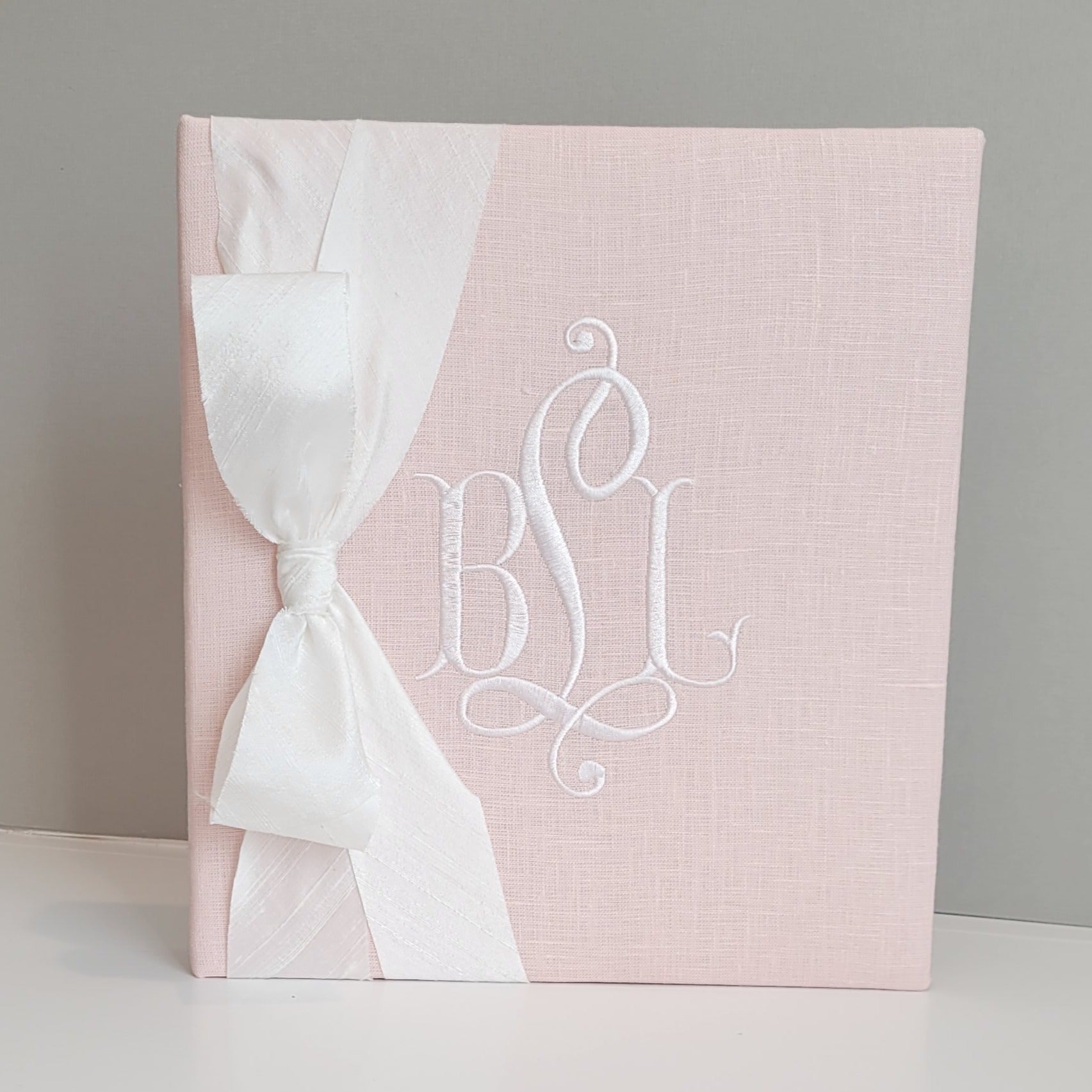 Pink linen handmade baby memory book with silk bow by AP Creations