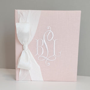 Pink linen handmade baby memory book with silk bow by AP Creations