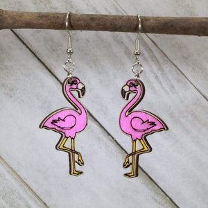 Pink Flamingo Wooden Dangle Earrings | Tropical Bird Jewelry