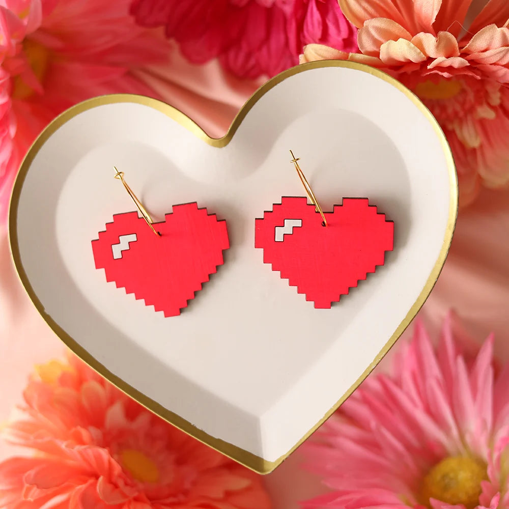Pixelated Heart Hoop Earrings hand painted on lightweight wood by LE CHIC MIAMI