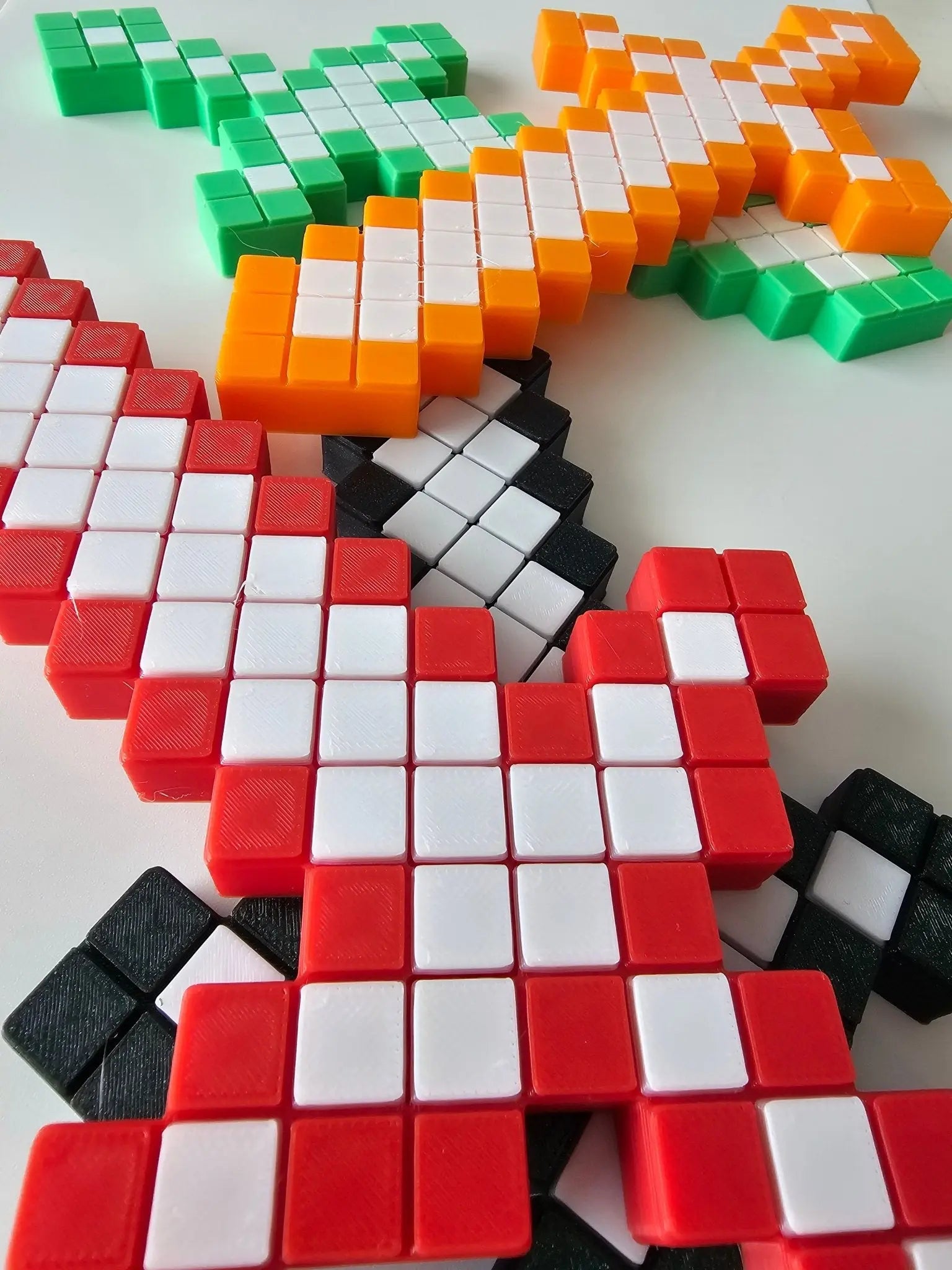 Pixel Swords: 3D Printed Minecraft Style Red, Green, Orange & Black Gaming Weapons