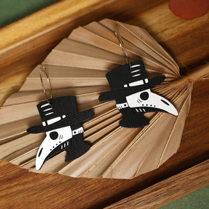 Additional view of Plague Doctor Hoop Earrings hand painted on lightweight wood by LE CHIC MIAMI