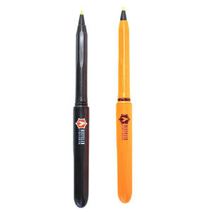 Two Pokka Pens, one black and one orange, with 'Recycled Firefighter' text and logo visible.
