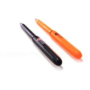 Two compact pens, one black and one orange, with pointed tips, on a white background.