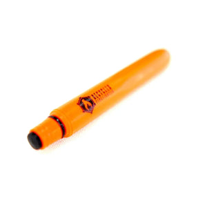 Orange pen with a black tip and a logo with red lettering.