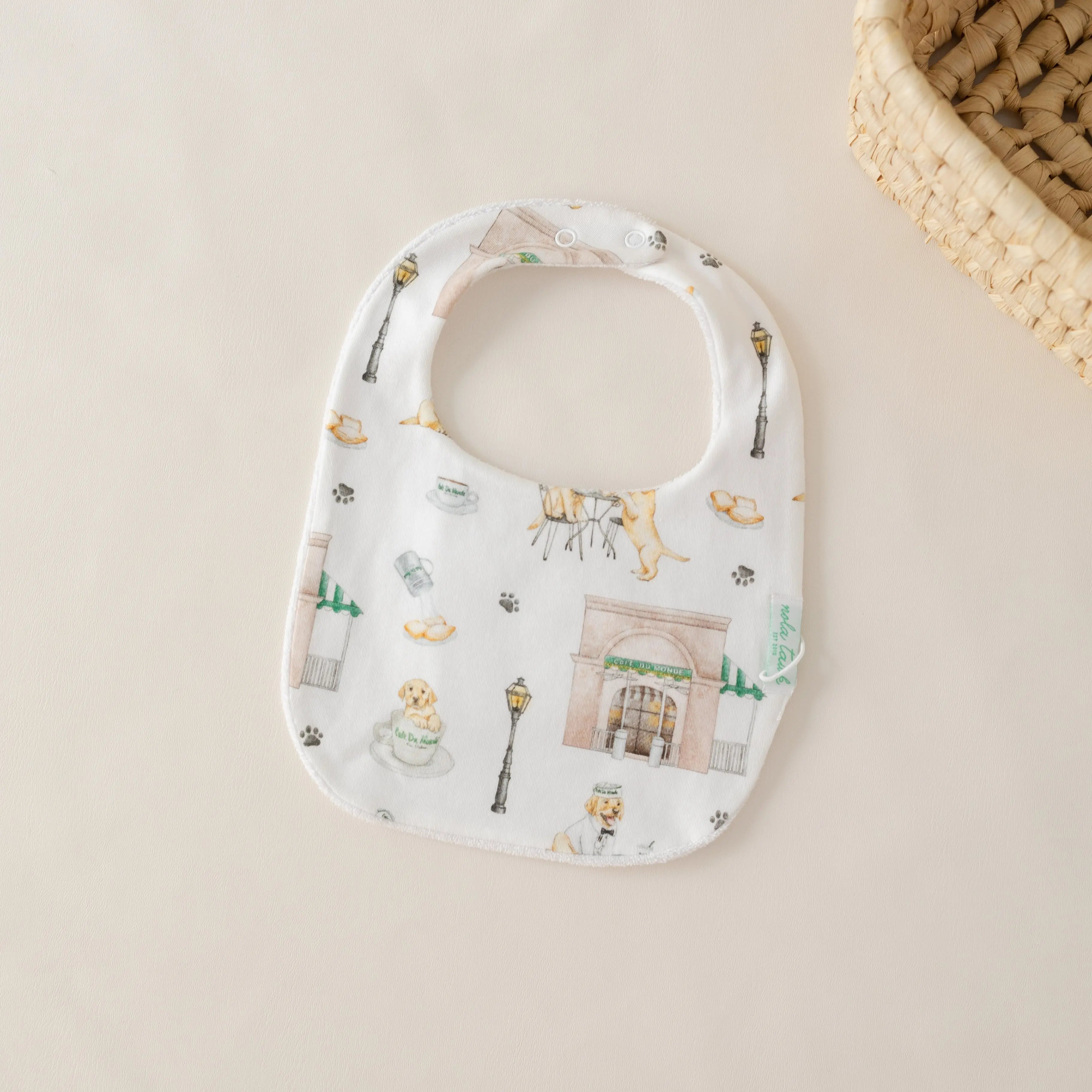 Powdered Sugar and Puppies Organic Cotton Baby Bib by Nola Tawk, children's boutique clothing main product photo