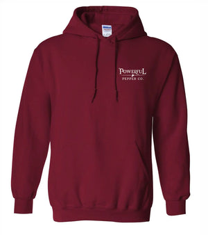 Maroon Gildan Heavy Blend hoodie with Powerful Pepper Co. logo on front.
