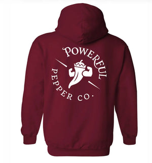 Maroon hoodie with white Powerful Pepper Co. graphic logo on back