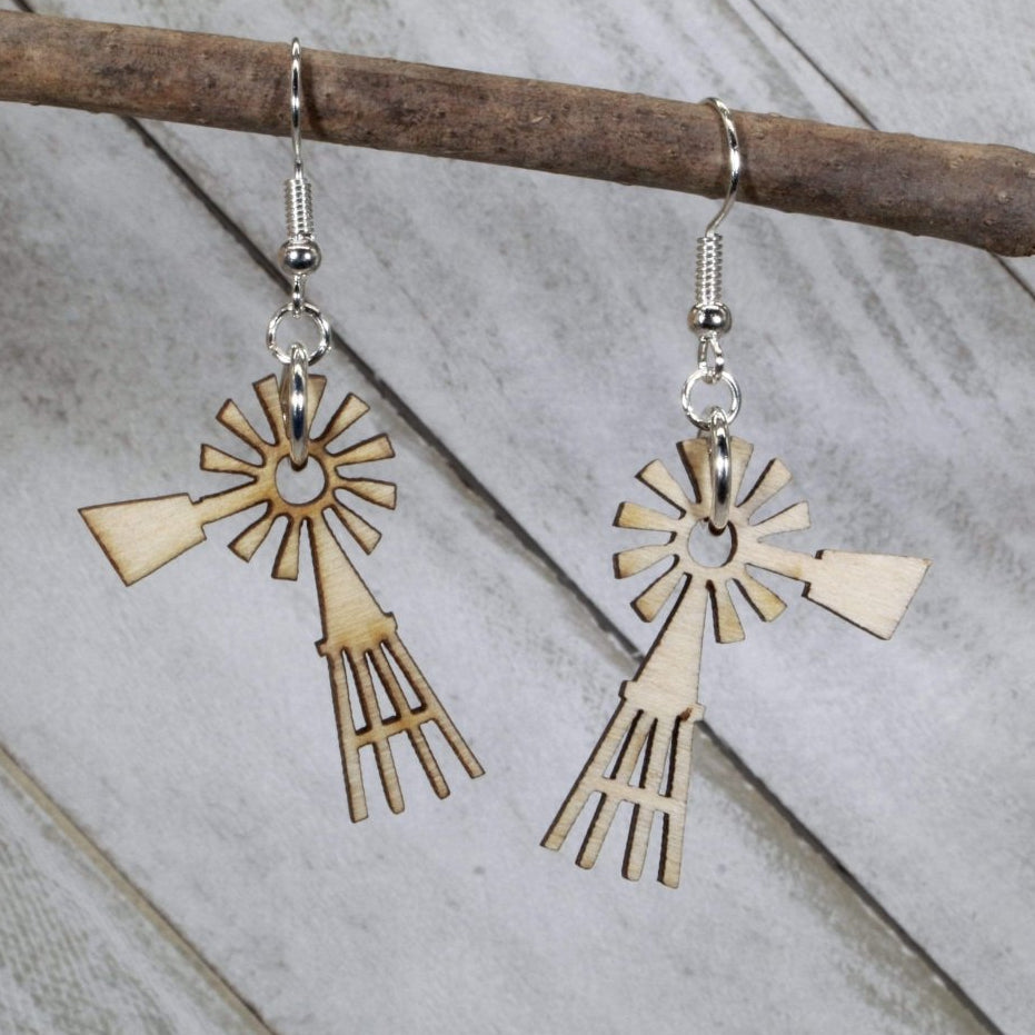 Prairie Windmill Wooden Dangle Earrings | Farm Country Jewelry by Cate's Concepts, LLC, handmade jewelry main product photo