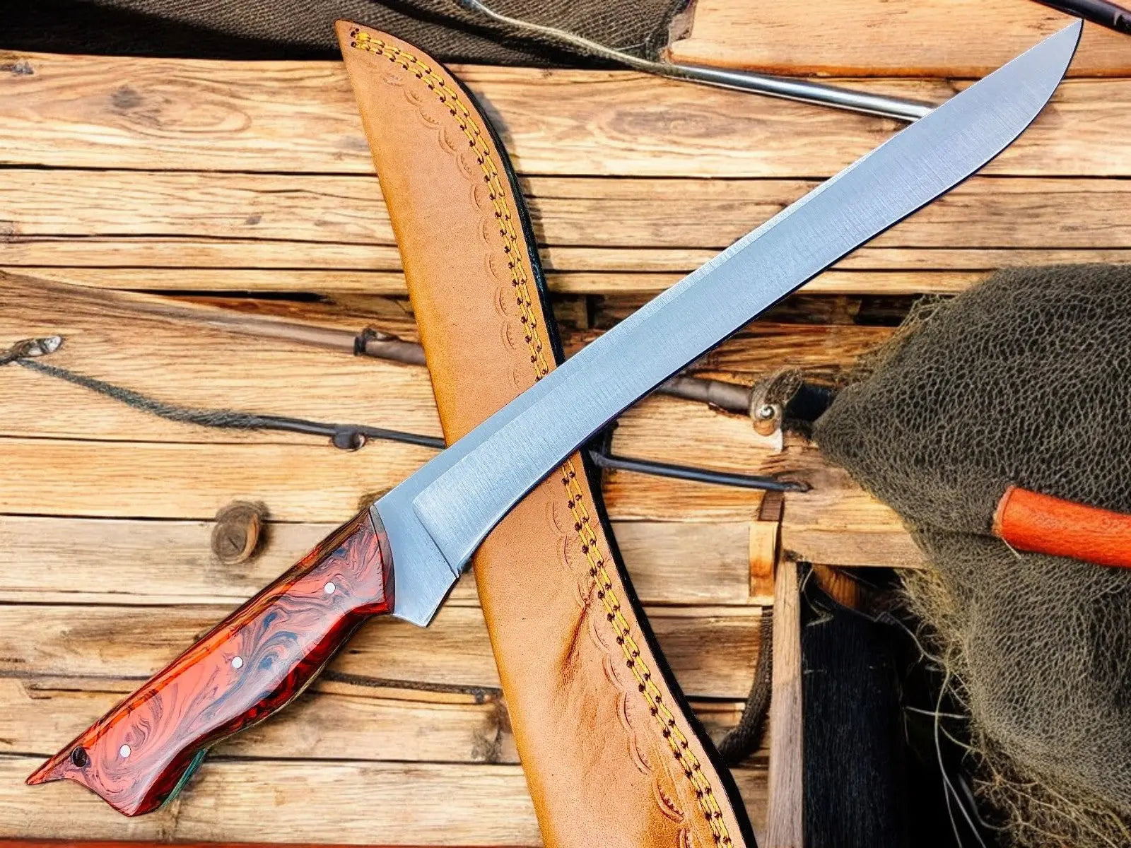 Premium 15" Handmade Fillet Knife with Epoxy Resin Handle Damascus Knife Store