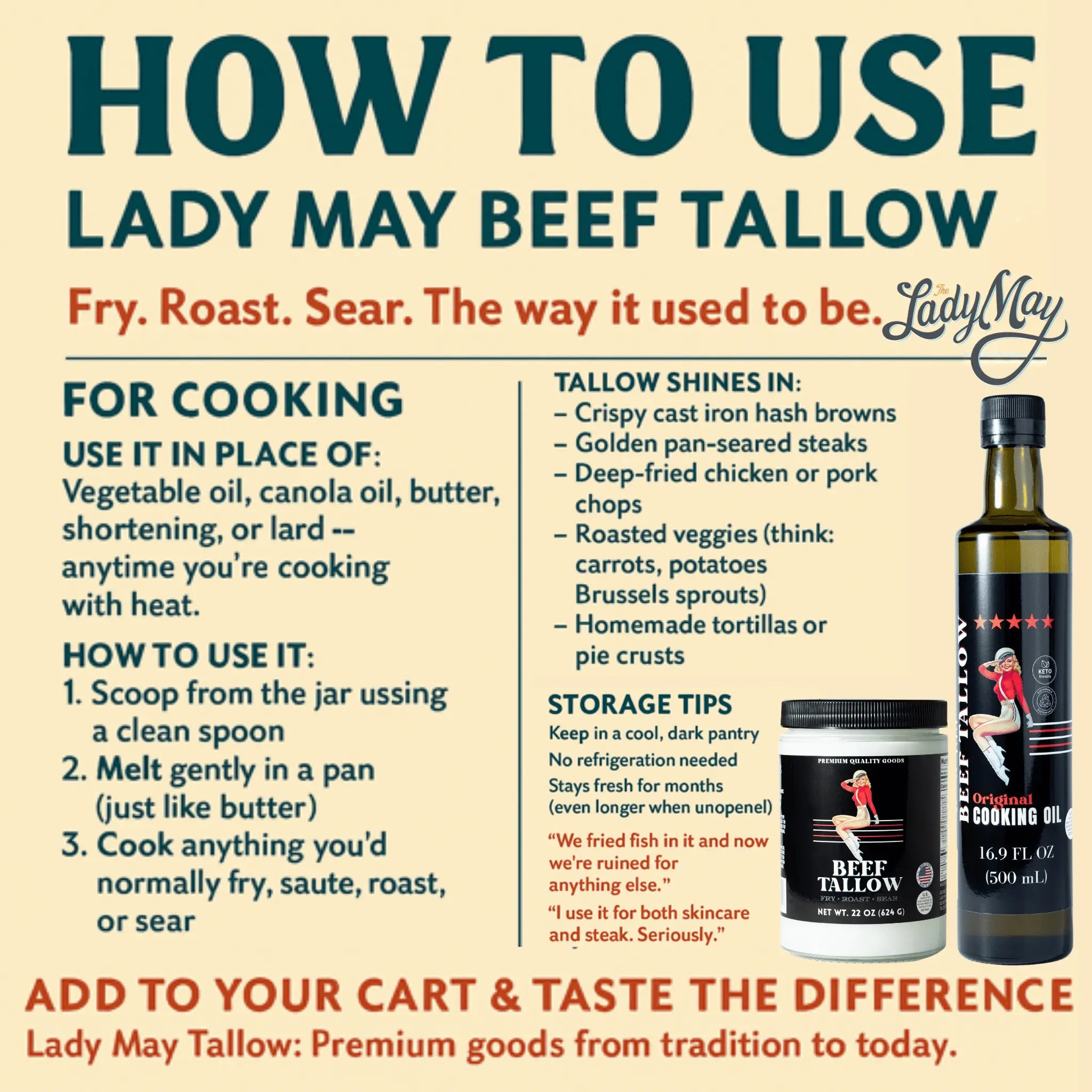 Premium Grass-Fed Beef Tallow Cooking Oil - Restaurant-Proven | Choose Your Flavor The Lady May