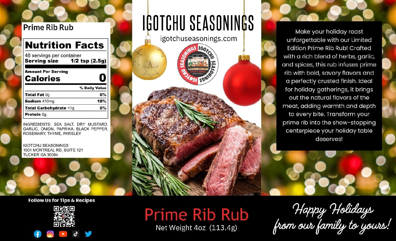 Prime Rib Rub 5.5 oz Holiday Limited Edition by Igotchu Seasonings, Southern food gift detail photo 2