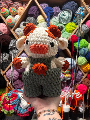 Crocheted Pumpkin Cow: Handmade Amigurumi Cow in Overalls by Main Street Collective. Fall decor, cow plush.