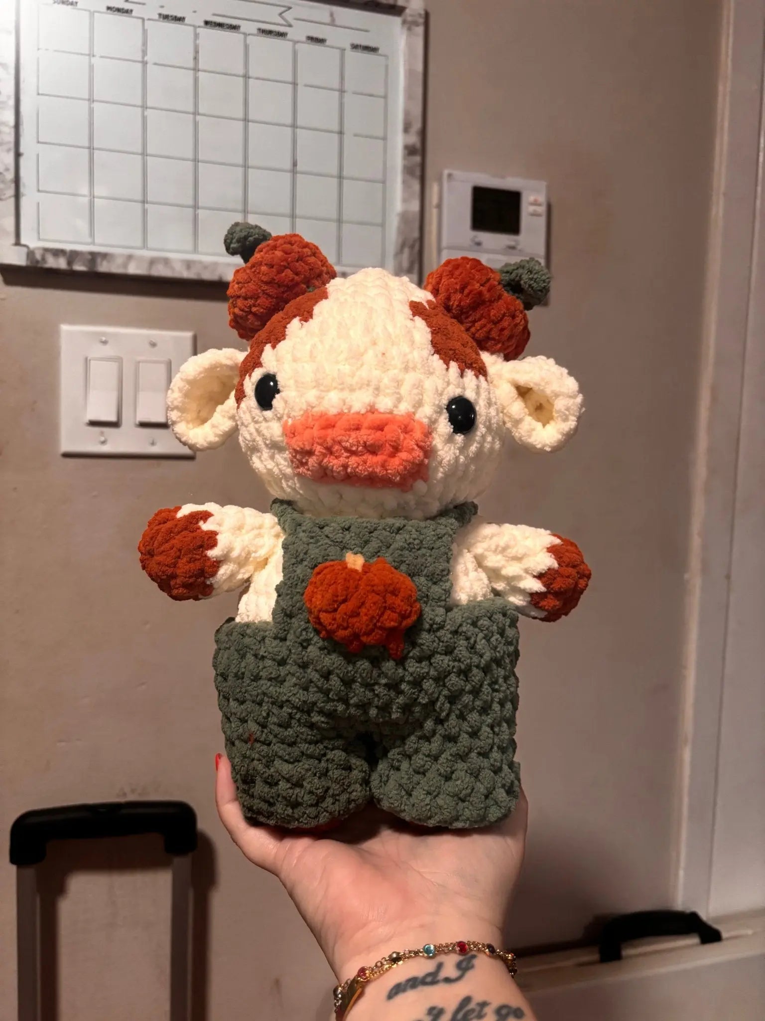 Crocheted Cow Plushie in Pumpkin Overalls - Handmade Amigurumi Toy by Main Street Collective - Fall Decor