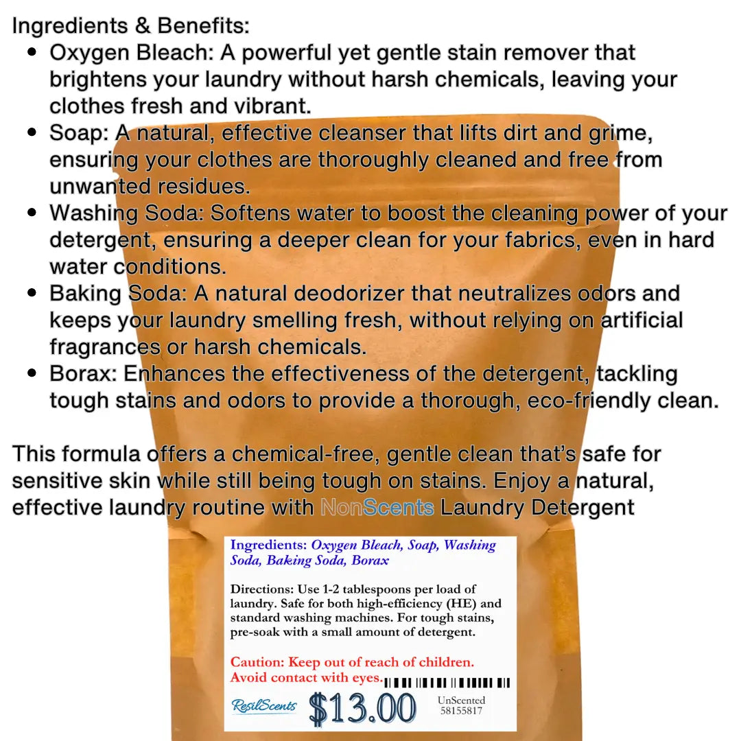 NonScents Laundry Detergent package with ingredients and benefits listed.
