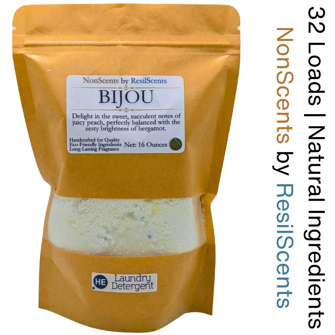 Laundry detergent in kraft bag with Bijou scent label, NonScents by ResilScents brand.