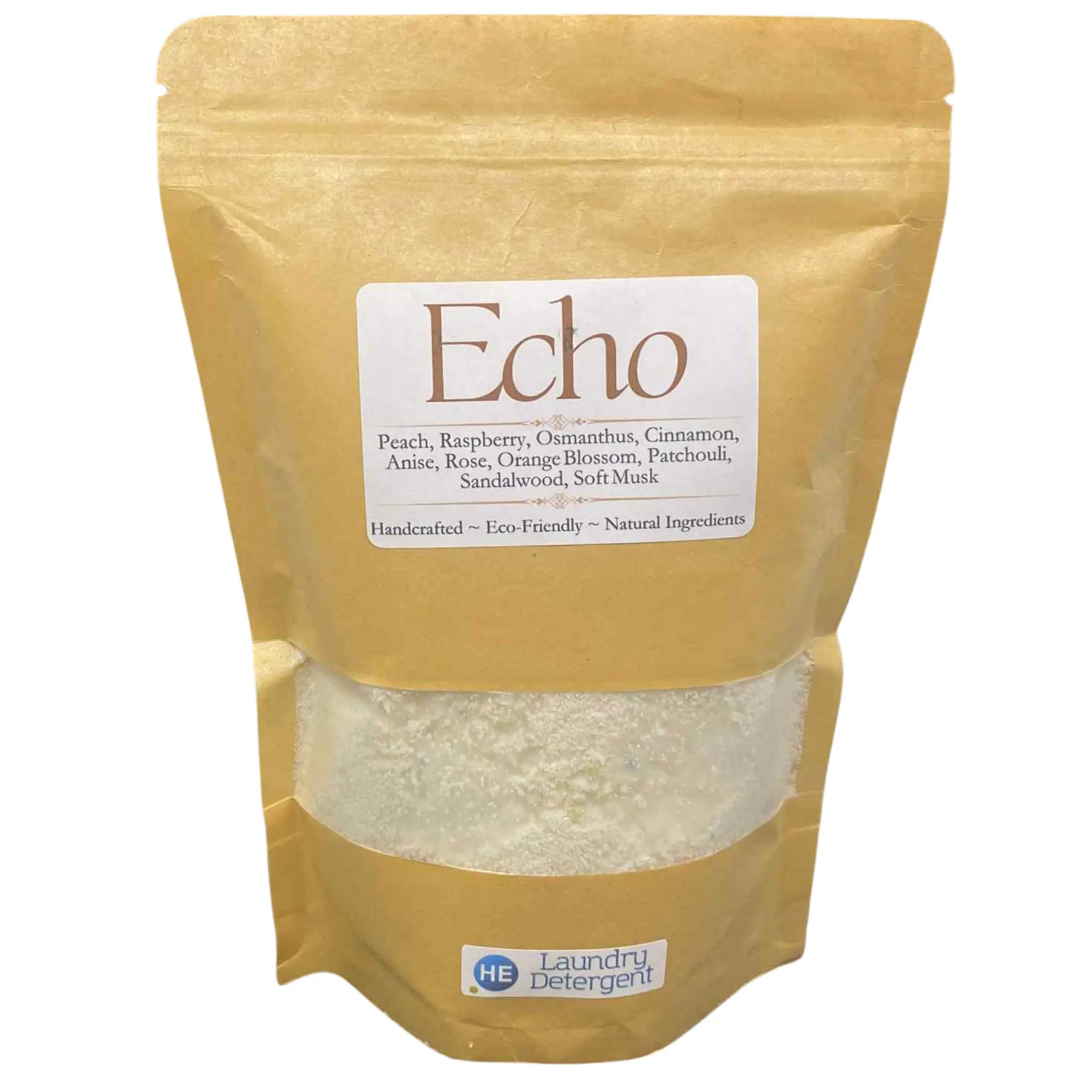 Echo laundry detergent in kraft paper bag, ingredients listed on label with a clear window showing detergent powder.
