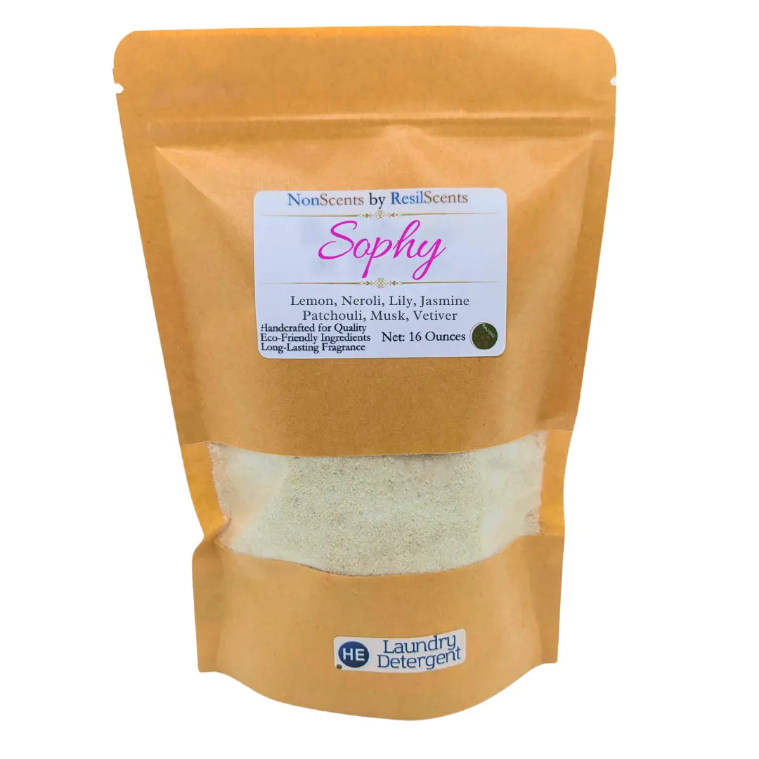 Bag of NonScents by ResilScents Sophy laundry detergent with ingredients listed and 'HE Laundry Detergent' logo visible.