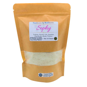 Bag of NonScents by ResilScents Sophy laundry detergent with ingredients listed and 'HE Laundry Detergent' logo visible.
