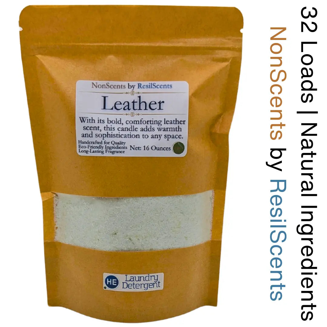 Pouch of NonScents Leather laundry detergent with a clear window showing white granules, and a HE Laundry Detergent logo.