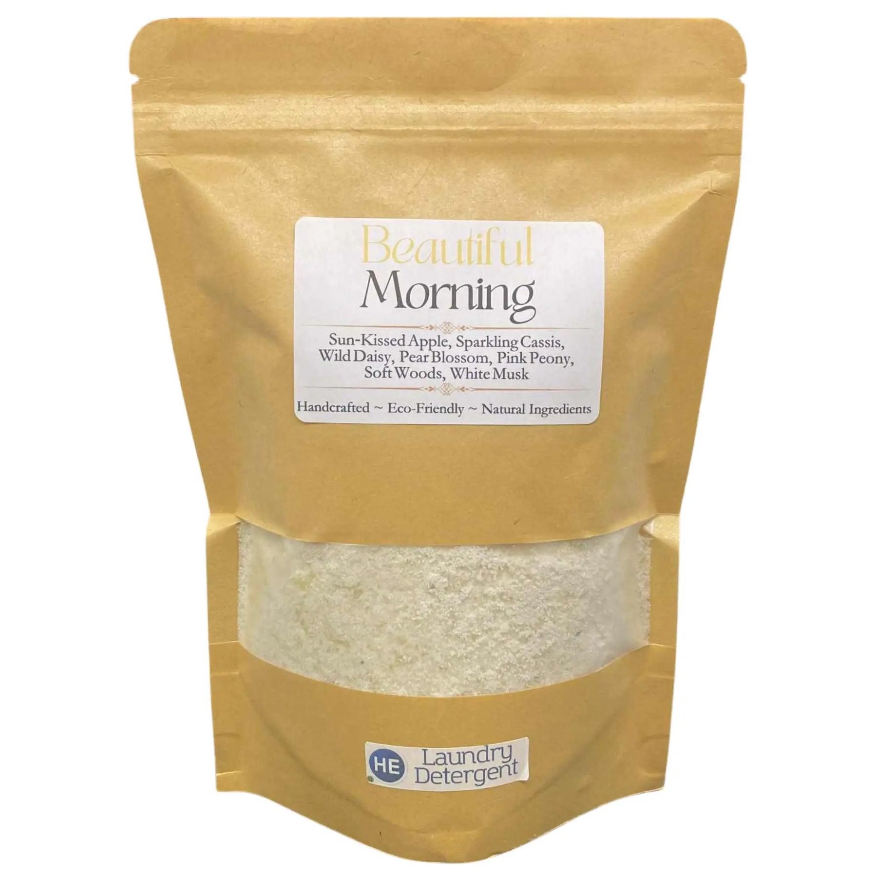 Pouch of ResilScents Beautiful Morning laundry detergent. HE detergent visible.
