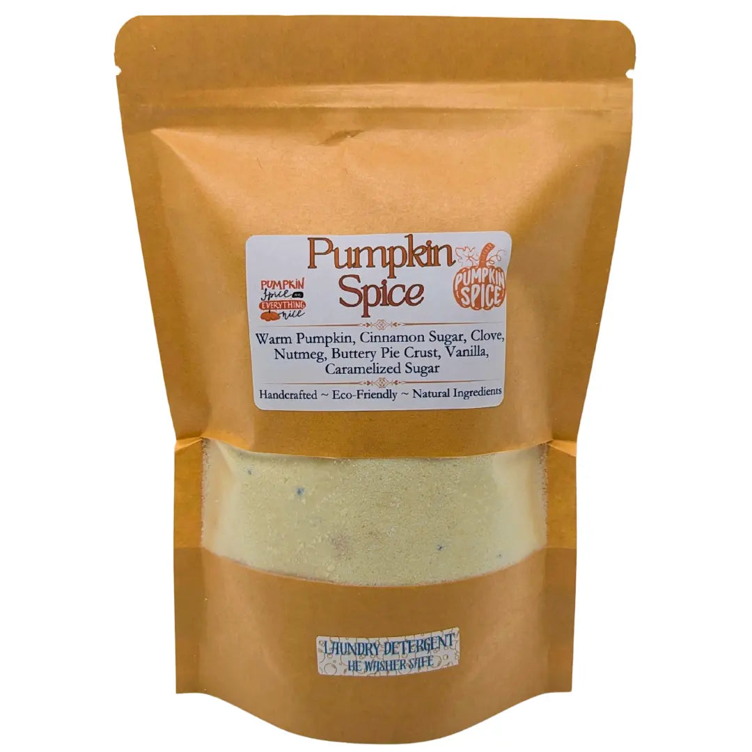 Pumpkin Spice Laundry Detergent in brown paper bag with label showing ingredients, handcrafted, eco-friendly