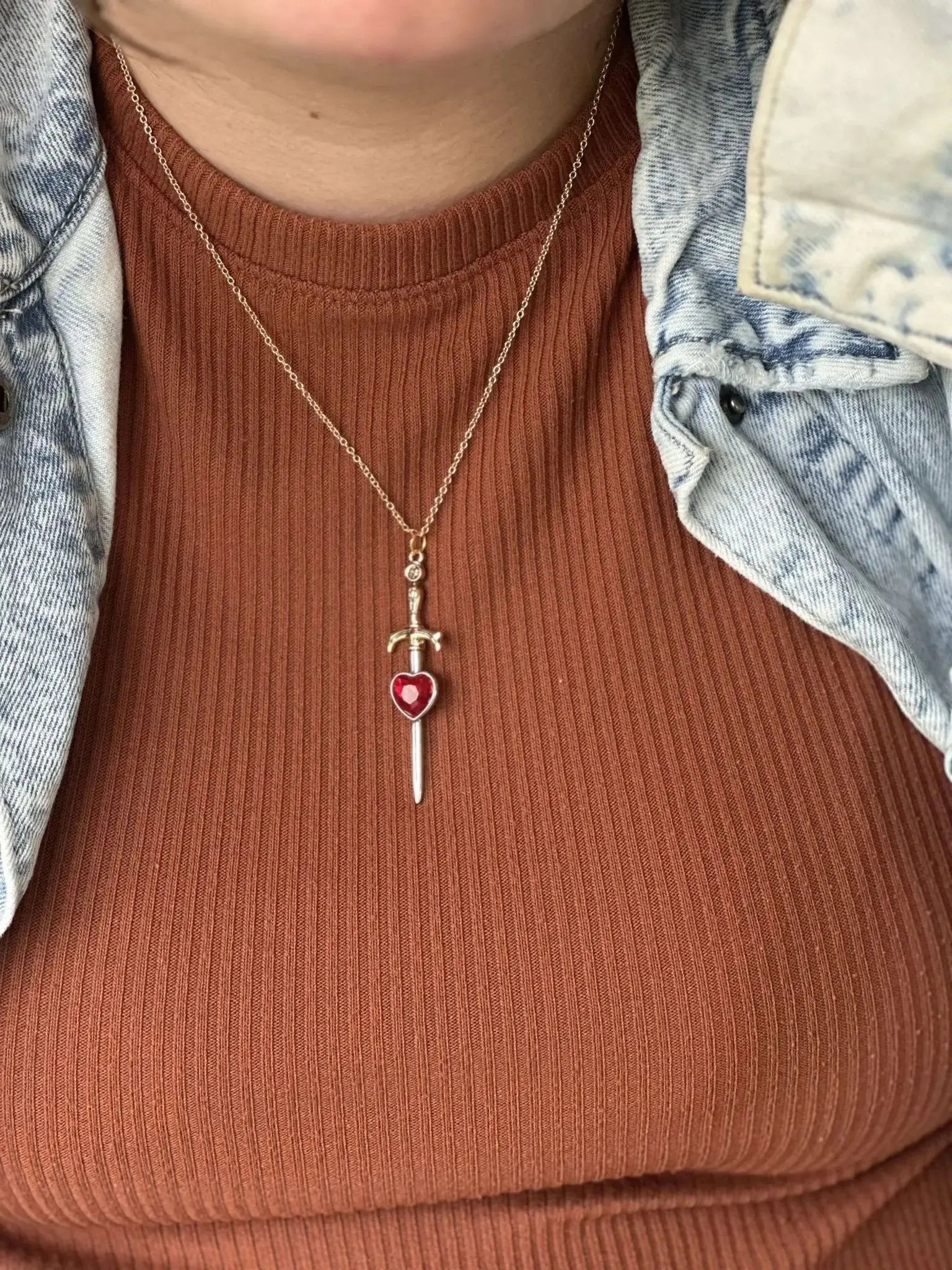 Queen of Hearts Necklace: Heart Sword Pendant, Red Heart, Gold Chain. Whimsical Handmade Jewelry.