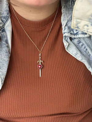 Queen of Hearts Necklace: Heart Sword Pendant, Red Heart, Gold Chain. Whimsical Handmade Jewelry.
