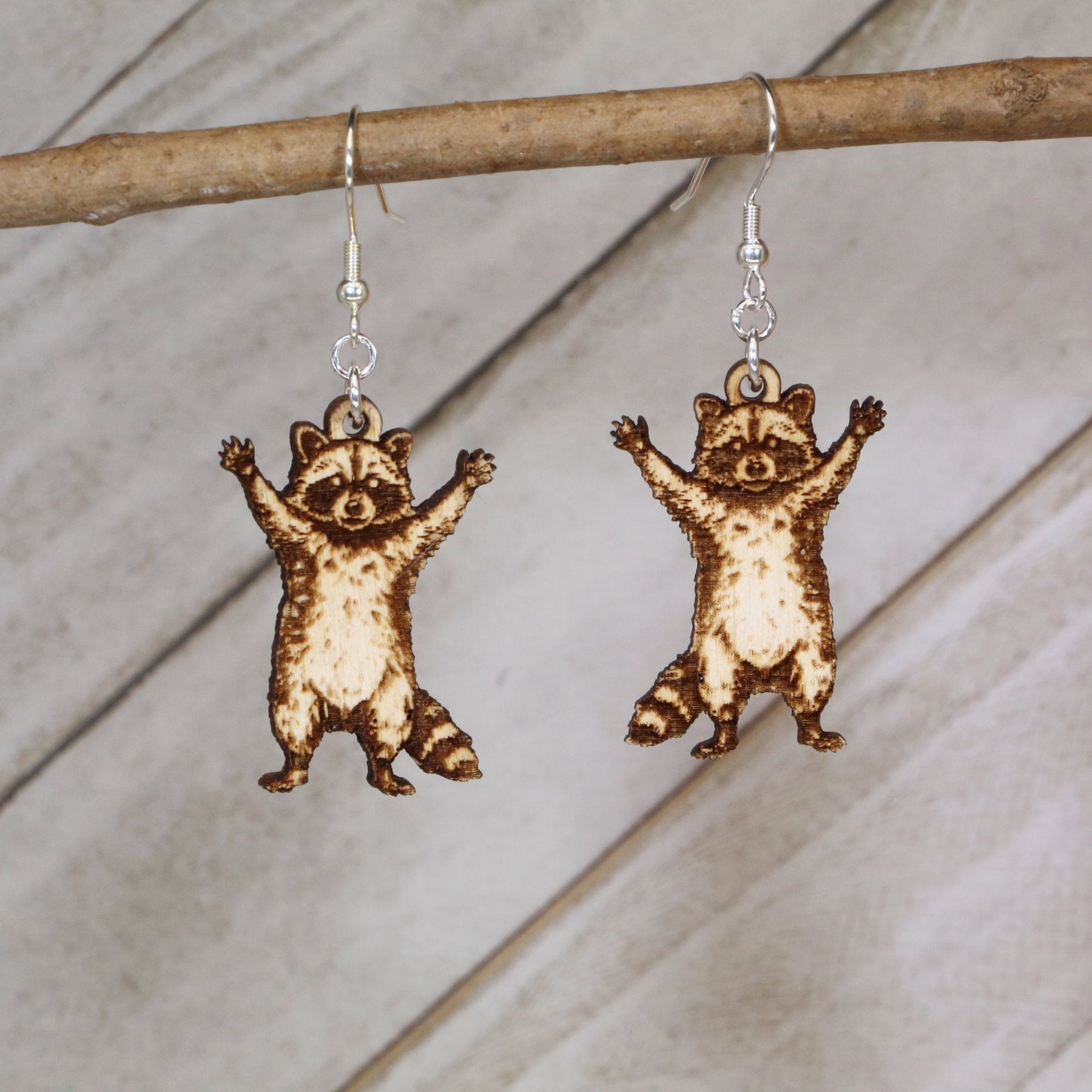Raccoon Wooden Dangle Earrings | Cute Woodland Animal Jewelry